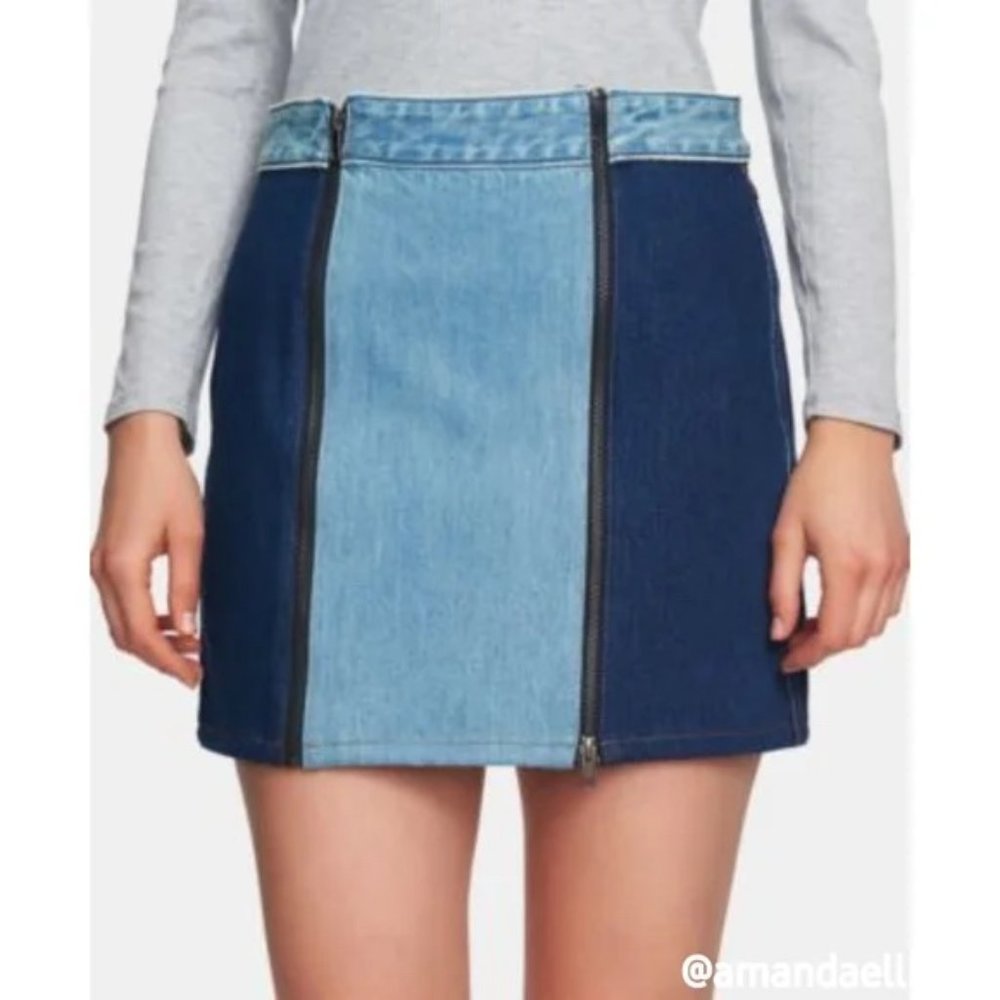 Women's 1. State Retro Blue Two Tone Colorblock Denim Mini Skirt Cotton Size 8
